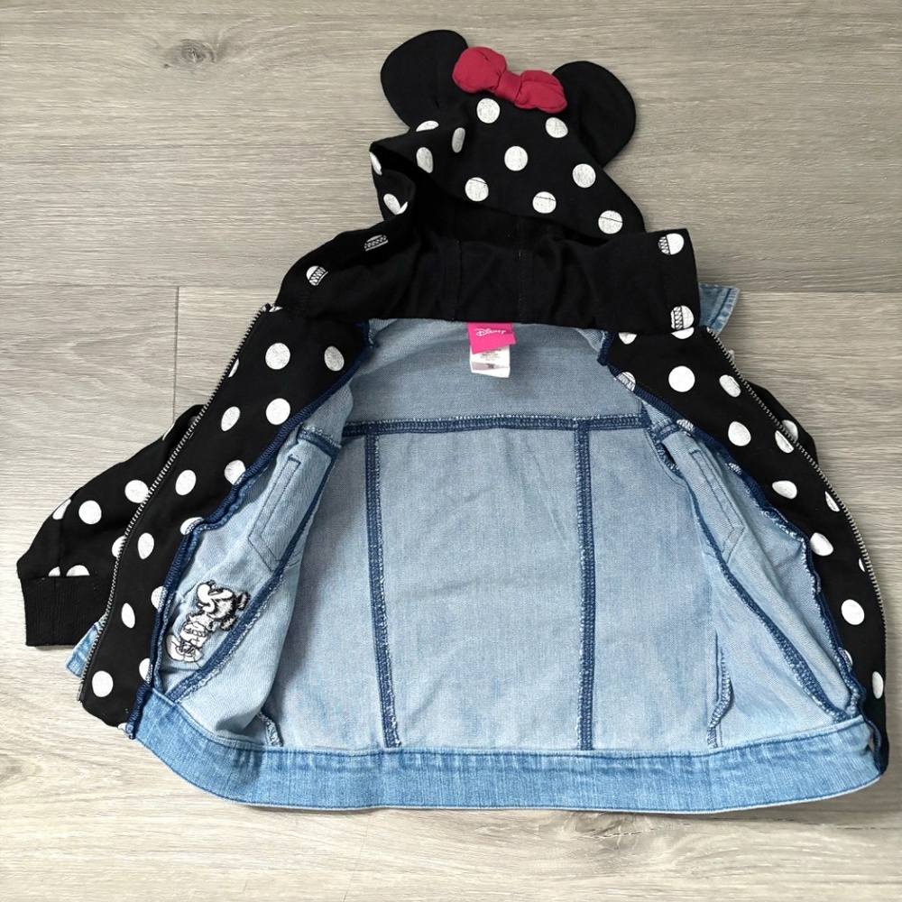 Disney Minnie Mouse Jean Denim Jacket White Polka Dots Minnie Ears Bow Hood 2T - Picture 9 of 11